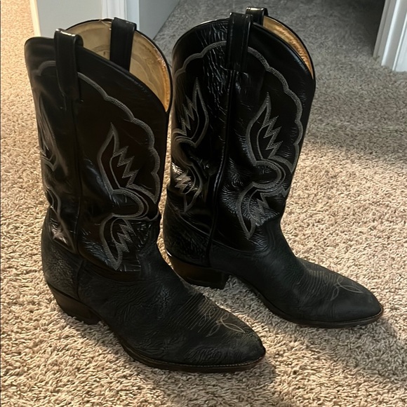 Tony Lama Black Cowboy Boots with Decorative Stitching